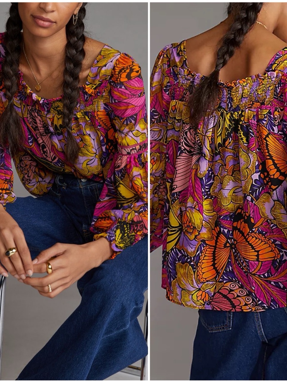 Anthropologie XS Butterfly Multicolor Puff Sleeve Blouse Top Alexandra Farmer